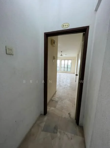 Room features: white painted walls, marble flooring, doorway leading to another room, ceiling fan, window with grid pattern, light source from window.