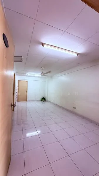 Room features: white painted walls, white ceiling, fluorescent lighting, tile flooring, ceiling fan, single door, plant in corner, no visible furniture; style: minimalist.