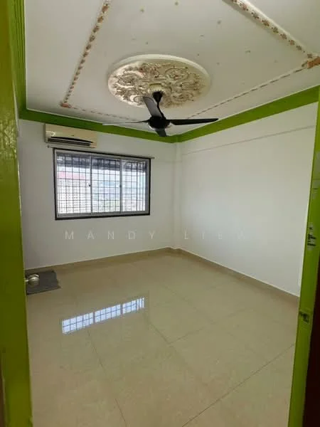 Room features: white painted walls, green accent wall, polished ceramic tile flooring, ceiling fan with light, decorative ceiling rose, window with grid pattern, wall-mounted split AC; style: modern.