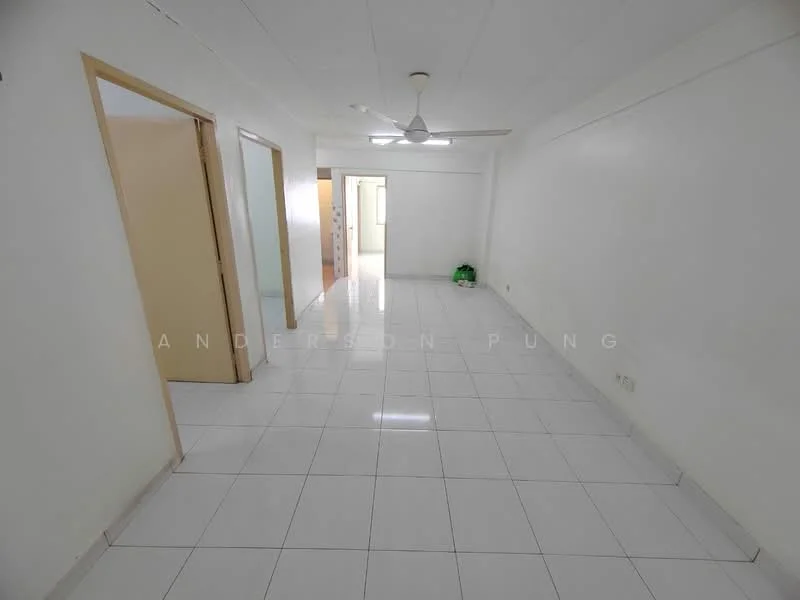 Room features: white painted walls, glossy white tile flooring, ceiling fan, door frames, light switch, power outlets, window, empty space; style: minimalist.