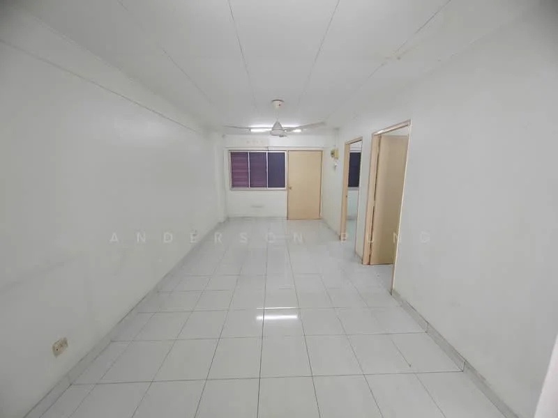 Room features: white painted walls, glossy white tile flooring, ceiling fan, single door, window with blinds, light fixture, neutral color scheme; style: minimalist.