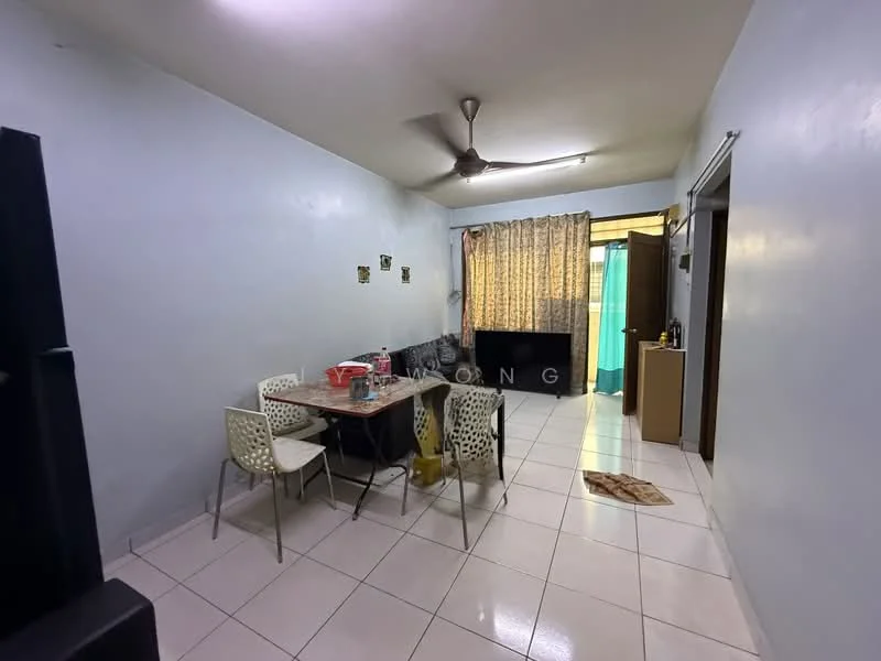 Dining features: white painted walls, white tiled flooring, 5-blade ceiling fan, dining table with 4 chairs, curtains, doorway leading to another room, decorative wall art, area rug. Room features: doorway, light source, additional room visible.