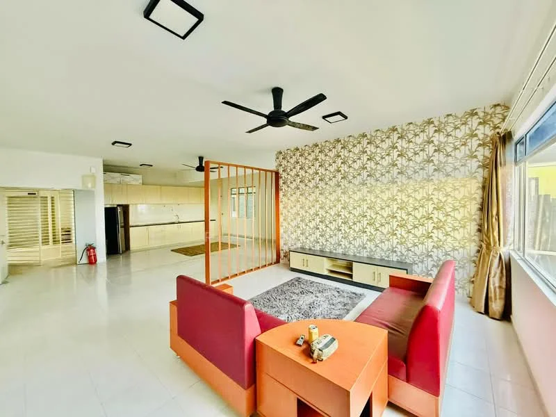 Living features: 3-seater fabric sofa in red, coffee table, area rug with geometric pattern, wall-mounted TV console, feature wall with floral wallpaper, white painted walls, ceiling fan with light, large windows with curtains, tile flooring, open layout to kitchen, decorative shelving unit; style: modern. Kitchen features: kitchen cabinetry, countertop, open layout to living area, white painted walls, tile flooring; style: modern.