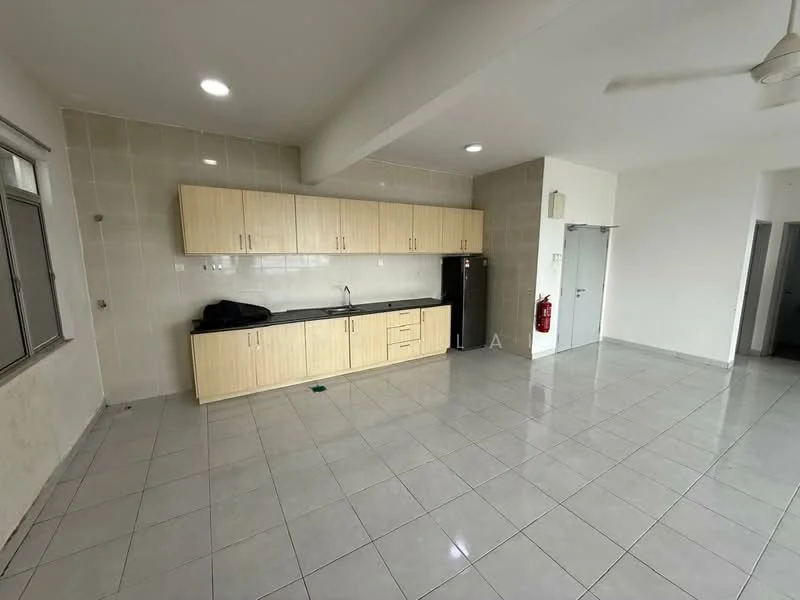 Kitchen features: light grey tiled flooring, white painted walls, wood cabinetry with light wood finish, black countertop, single-bowl stainless-steel sink, chrome pull-down faucet, built-in refrigerator, wall-mounted fire extinguisher, ceiling fan, window with metal frame, open layout; style: modern.