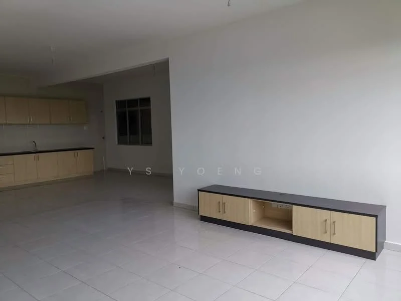 Living features: white painted walls, tile flooring, built-in TV console in light wood, large window with no treatments, open layout to kitchen, ceiling with no visible fixtures; style: modern. Kitchen features: light wood cabinetry, black countertop, single-bowl stainless-steel sink, kitchen layout open to living area; style: modern.