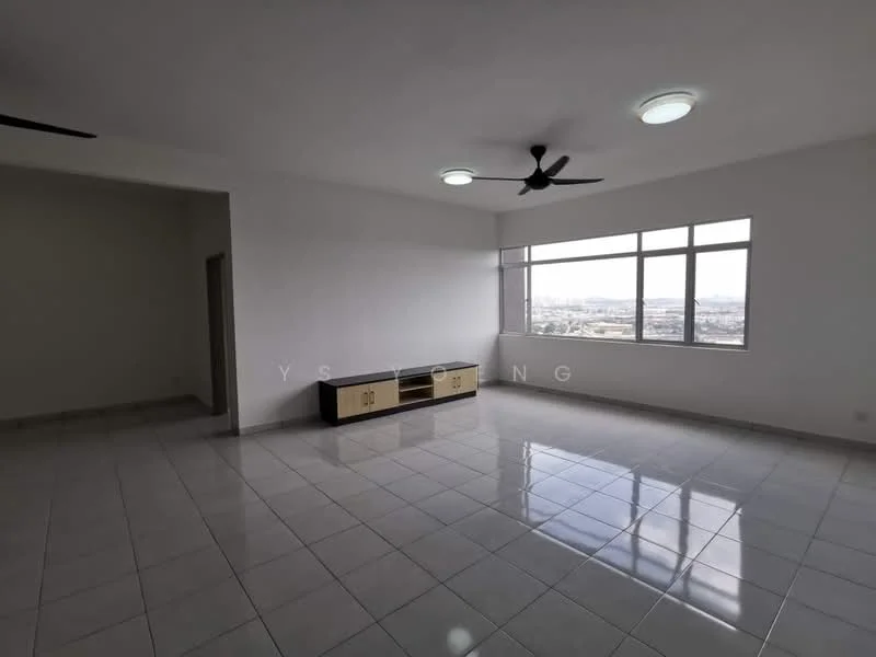 Living features: white painted walls, glossy tile flooring, 5-blade ceiling fan, large windows with city view, TV console, recessed ceiling lights; style: modern; view: city.