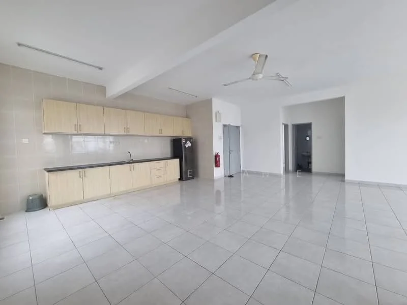 Kitchen features: light wood cabinetry, black countertop, stainless-steel fridge, ceramic tile flooring, white painted walls, 5-blade ceiling fan, wall-mounted fire extinguisher, open layout, large windows for natural light; style: modern. Living features: ceramic tile flooring, white painted walls, 5-blade ceiling fan, open layout, large windows for natural light; style: modern.