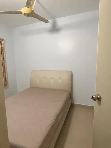 Bedroom features: queen-size bed with beige upholstered headboard, light blue painted walls, cream tile flooring, ceiling fan, curtains with plaid pattern, single door, minimal decor; style: minimalist.