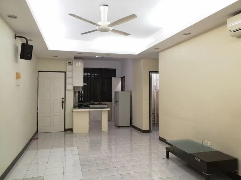 Living features: white painted walls, glossy tile flooring, tray ceiling with recessed lighting, 5-blade ceiling fan with light, wall-mounted speaker, glass coffee table, TV console, open layout to kitchen, floor-to-ceiling windows, air conditioning unit; style: modern. Kitchen features: white cabinetry, black countertop, stainless-steel fridge, built-in oven, sink, kitchen island with seating; style: modern.