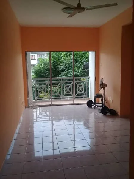 Living features: orange painted walls, glossy ceramic tile flooring, 5-blade ceiling fan, floor-to-ceiling sliding glass door, balcony with railing, natural light from windows, exercise equipment, open space layout; view: garden.