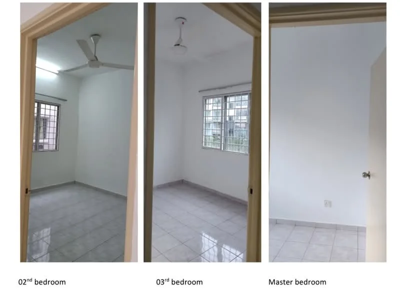 Bedroom 2 features: white painted walls, tile flooring, ceiling fan, window with grille, natural light. Bedroom 3 features: white painted walls, tile flooring, ceiling fan, window with grille, natural light. Master bedroom features: white painted walls, tile flooring, window, natural light.