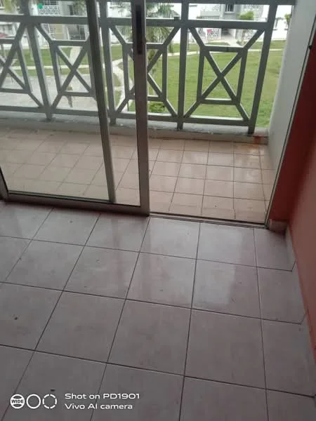 Room features: sliding glass door, tiled flooring in light color, balcony with railing, outdoor view of grass, exterior wall in peach color; view: garden.