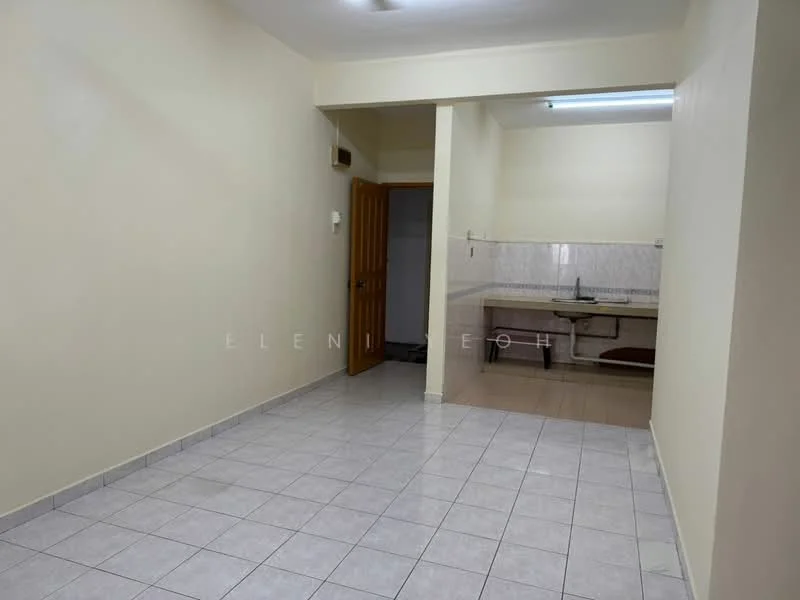 Room features: white painted walls, ceramic tile flooring, single-bowl stainless-steel sink, wall-mounted kitchen cabinets, countertop, door leading to another room, light fixture on ceiling, window, kitchen area, open layout.