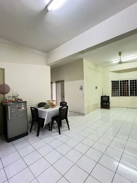 Dining features: white painted walls, polished ceramic tile flooring, ceiling fan, dining table with checkered tablecloth, black plastic dining chairs, refrigerator, television, large window with grid pattern, light fixtures on ceiling. Living features: white painted walls, polished ceramic tile flooring, ceiling fan, large window with grid pattern, television, light fixtures on ceiling.