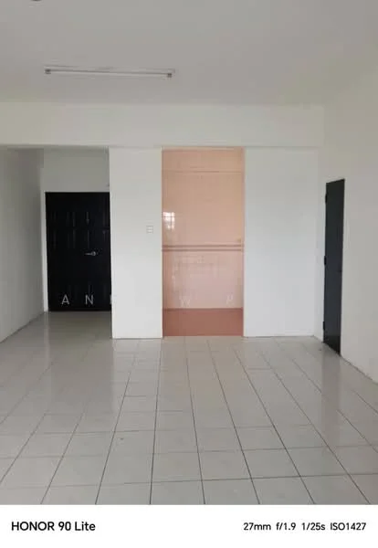 Room features: white painted walls, glossy tile flooring, single door, open layout, no visible furniture, neutral color scheme, ceiling lights, corner wall with tile accent; style: minimalist.