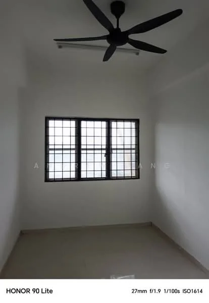 Room features: white painted walls, tile flooring, 5-blade ceiling fan, black grid windows, natural light from windows; style: minimalist.