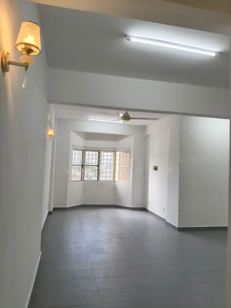 Room features: white painted walls, grey tiled flooring, recessed ceiling lights, wall-mounted sconces, large windows with grid pattern, open layout, corner space, natural light; style: modern.