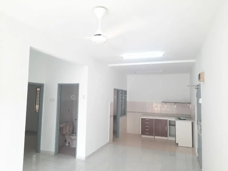 Room features: white painted walls, ceramic tile flooring, ceiling fan, recessed LED downlights, kitchen cabinetry with countertop, stainless-steel sink, built-in oven, freestanding fridge, open layout, bathroom door visible; style: modern.