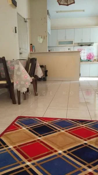 Living features: white painted walls, glossy tile flooring, ceiling light fixture, dining table with floral tablecloth, wooden dining chairs, area rug with geometric pattern, open layout to kitchen, kitchen counter visible in background.