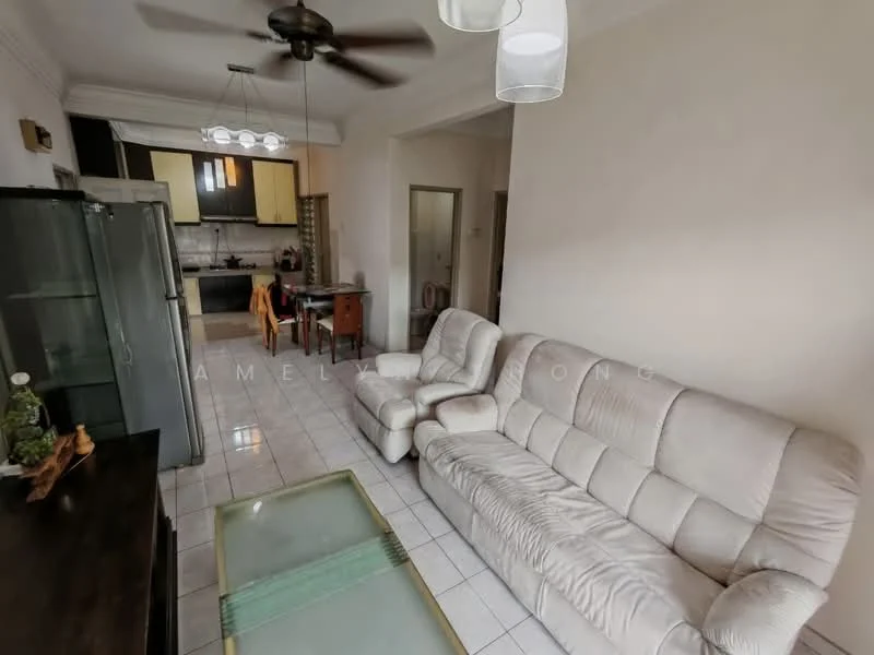 Living features: 3-seater leather sofa in cream, coffee table with glass top, ceiling fan with light, wall-mounted TV, tile flooring, white painted walls, decorative wall clock, open layout to kitchen and dining area; style: modern. Kitchen features: kitchen cabinets in light wood, stainless-steel sink, built-in oven, 4-burner gas hob, tile backsplash, refrigerator, dining table with chairs, open layout to living area; style: modern.