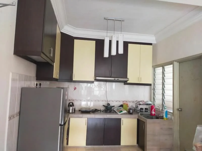 Kitchen features: two-tone cabinetry in dark brown and yellow, stainless-steel fridge, built-in gas stove, exhaust hood, grey countertop, white tiled backsplash, pendant lighting with three fixtures, ceramic tile flooring, sink, kettle, various kitchen appliances, open shelving; style: modern.
