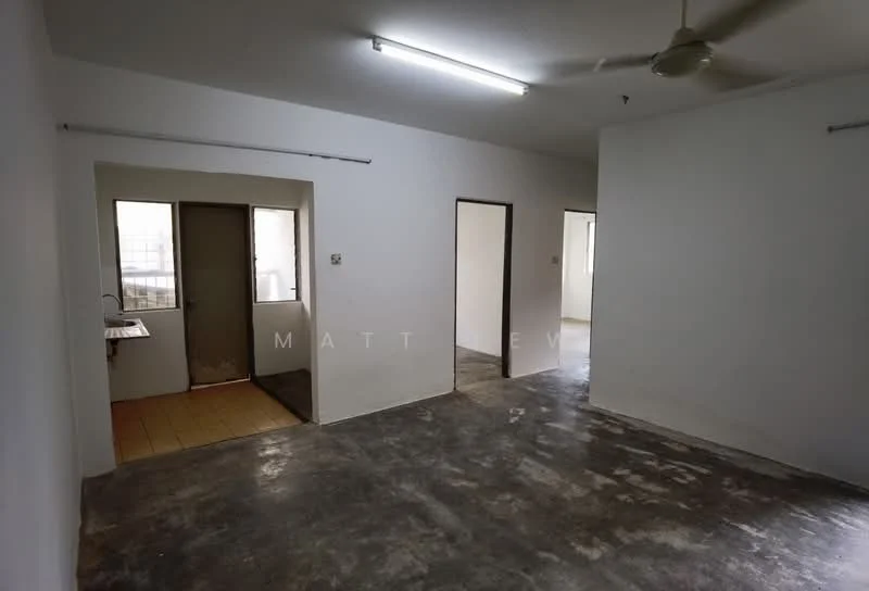 Room features: white painted walls, concrete flooring, fluorescent ceiling lights, ceiling fan, window with grill, doorway leading to another room, open layout; style: minimalist.