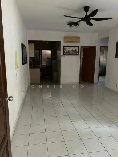 Room features: white painted walls, ceramic tile flooring, 5-blade ceiling fan, wall-mounted air conditioning unit, doorway leading to kitchen, doorway leading to another room, decorative wall art, windows with sheer curtains.