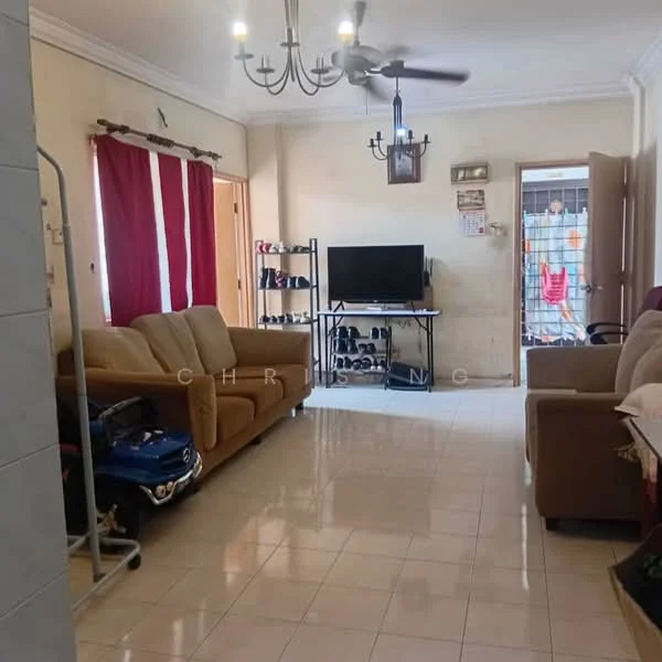 Living features: cream painted walls, white ceiling, 5-blade ceiling fan with light, chandelier, large window with sheer curtains, tile flooring, 2-seater fabric sofa in beige, 3-seater fabric sofa in light brown, TV console, wall-mounted TV, open shelving unit, decorative items on shelves, door leading to outdoor area; style: modern.