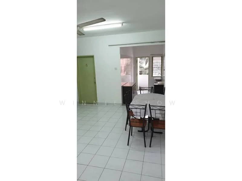 Dining features: white painted walls, white tiled flooring, ceiling fan, dining table with chairs, window with natural light, open layout to adjacent room, light fixture on ceiling. Room features: white painted walls, white tiled flooring, window with natural light.