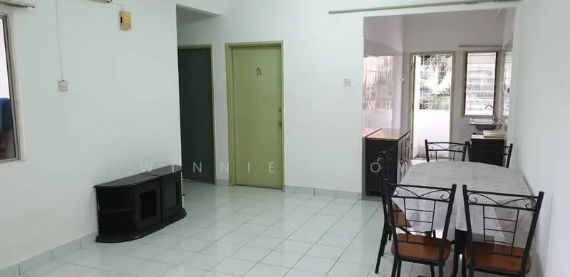 Dining features: white painted walls, ceramic tile flooring, dining table with chairs, window with view to outside, door leading to another room, black cabinet, light fixture on ceiling. Room features: white painted walls, ceramic tile flooring, green door, window with view to outside.
