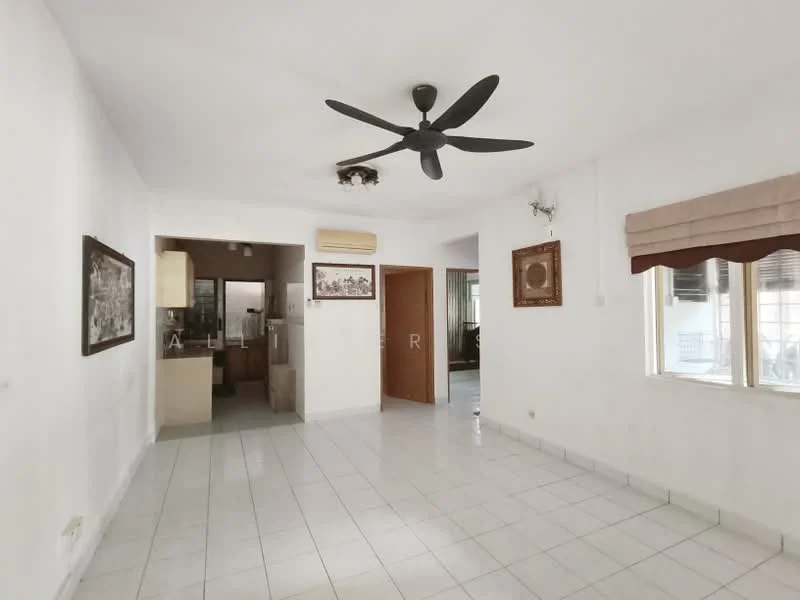 Living features: white painted walls, white tiled flooring, 5-blade ceiling fan, recessed downlights, wall-mounted artwork, window with blinds, doorway leading to kitchen, air conditioning unit. Kitchen features: open layout, kitchen cabinetry, countertop, appliances visible in background.