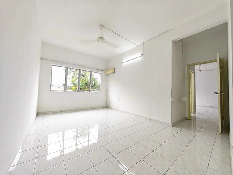 Room features: white painted walls, glossy white floor tiles, ceiling fan, wall-mounted air conditioning unit, large windows with natural light, neutral lighting, no visible furniture, corner room with door access; style: minimalist; view: garden.