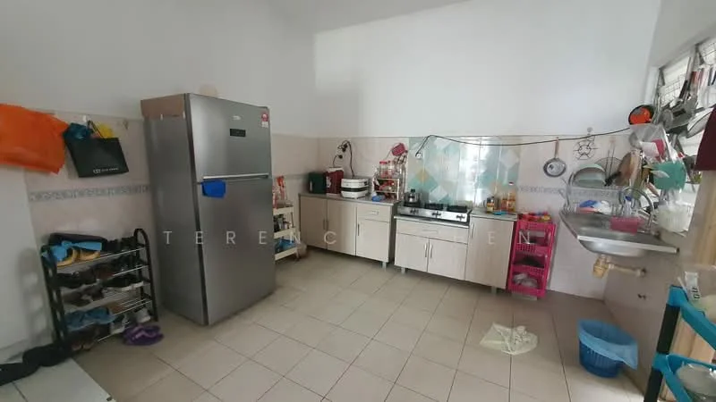 Kitchen features: stainless-steel fridge, freestanding gas stove with oven, single-bowl stainless-steel sink, light-colored cabinetry, ceramic tile flooring, white walls, wall-mounted shelves, open shelving for storage, window for natural light, various kitchen appliances, plastic storage containers, floor space for movement.