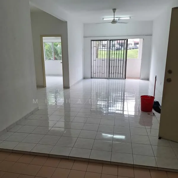 Living features: white painted walls, glossy white tile flooring, 5-blade ceiling fan, sliding glass door, floor-to-ceiling windows, natural light from windows, open layout, no visible furniture; style: modern; view: garden.