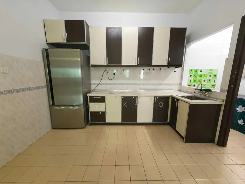 Kitchen features: stainless-steel fridge, laminate cabinetry in dark brown and cream, ceramic tile flooring, single-bowl stainless-steel sink, chrome pull-down faucet, wall-mounted cabinets, countertop with tile backsplash, built-in stove with hood, window with green patterned glass, multiple electrical outlets; style: modern.
