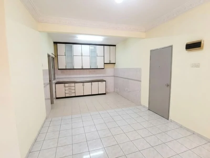 Kitchen features: white painted walls, cream tiled flooring, ceiling with crown moulding, built-in cabinetry with white and wood finish, countertop with tiled backsplash, single-bowl stainless-steel sink, stainless-steel faucet, recessed ceiling lights, open layout, door to hallway, air conditioning unit; style: modern.