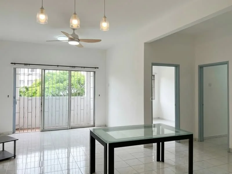 Living features: white painted walls, glossy ceramic tile flooring, 5-blade ceiling fan, sliding glass door, floor-to-ceiling windows, balcony view, glass dining table, black wooden dining table legs, natural light from windows, neutral color scheme; style: modern; view: garden. Room features: white painted walls, glossy ceramic tile flooring, doorway leading to another room, neutral color scheme.
