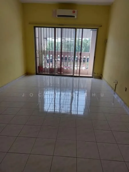 Living features: yellow painted walls, white tiled flooring, sliding glass door, floor-to-ceiling windows, 1 wall-mounted split AC, curtains, open layout, natural light from windows.