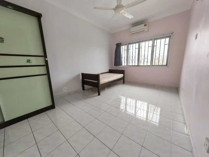 Bedroom features: white painted walls, tile flooring, 5-blade ceiling fan, wall-mounted split AC, floor-to-ceiling windows, curtains, wooden bed frame, built-in wardrobe with sliding doors.