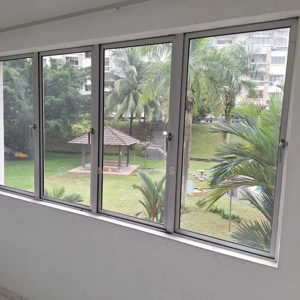 Room features: floor-to-ceiling windows, white painted walls, view of landscaped garden, view of palm trees, view of gazebo, green lawn, outdoor recreational area; view: garden.