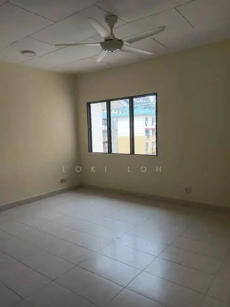 Room features: plain white walls, tile flooring, ceiling fan, single window, natural light, neutral color scheme.
