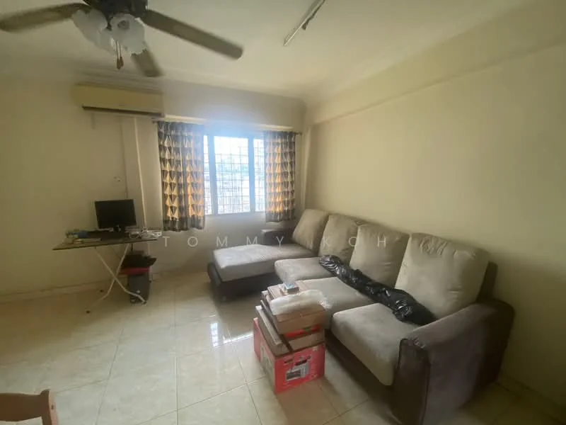 Living features: 3-seater fabric sofa in beige, ceiling fan with light, floor-to-ceiling windows, curtains with geometric pattern, tile flooring, wall-mounted air conditioning unit, coffee table, study desk, decorative items on coffee table.