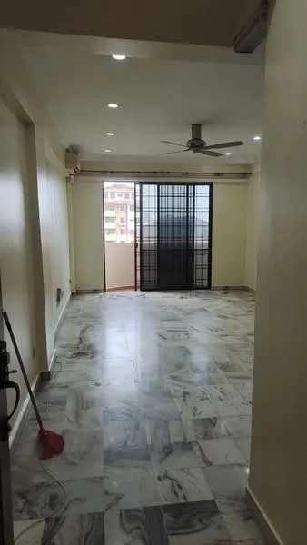 Room features: marble flooring, white painted walls, ceiling fan, sliding glass door, floor-to-ceiling windows, natural light, open layout, view of city skyline; style: modern; view: city.