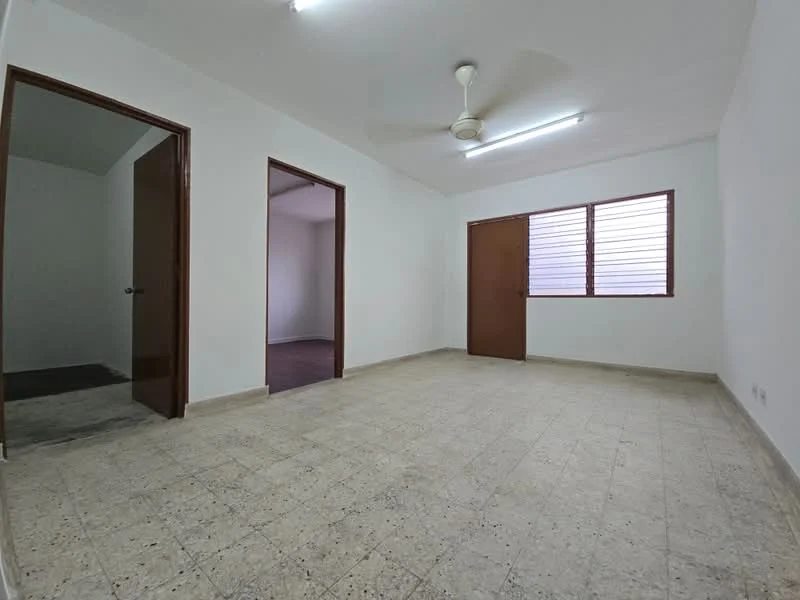 Room features: white painted walls, tile flooring, ceiling fan, window with horizontal slats, two doorways, natural light from window, neutral color scheme, no visible furniture; style: minimalist.