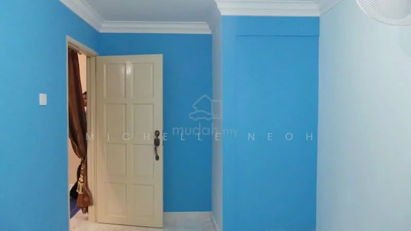 Room features: blue painted walls, white ceiling with crown moulding, white tiled flooring, wooden door with panel design, door handle, corner wall with no visible features, light switch, wall-mounted ceiling fan; style: modern.