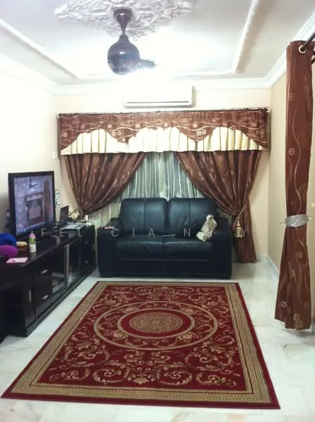 Living features: 3-seater leather sofa in black, coffee table, wall-mounted TV, TV console, area rug with intricate pattern, curtains with gold and brown tones, floor-to-ceiling windows, wall-mounted split AC, decorative ceiling rose, marble flooring, cream painted walls; style: traditional.