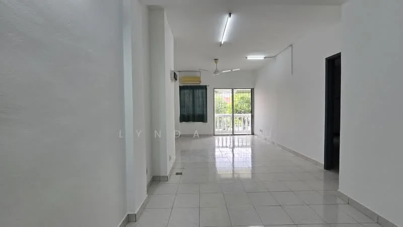 Room features: white painted walls, glossy ceramic tile flooring, ceiling lights, wall-mounted split AC, 5-blade ceiling fan, floor-to-ceiling windows, green curtains, sliding glass door leading to balcony, natural light from windows; style: modern; view: garden.