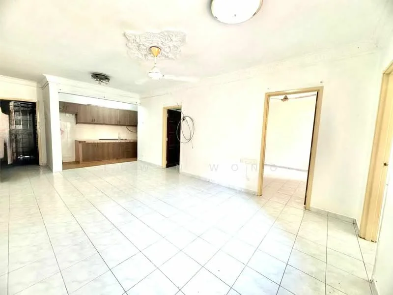 Living features: white painted walls, tile flooring, ceiling rose, recessed ceiling light, open layout to kitchen, doorway to other rooms, large windows, neutral color scheme. Kitchen features: wood cabinetry, countertop, sink, kitchen island, tile backsplash, appliances area, open layout to living area.