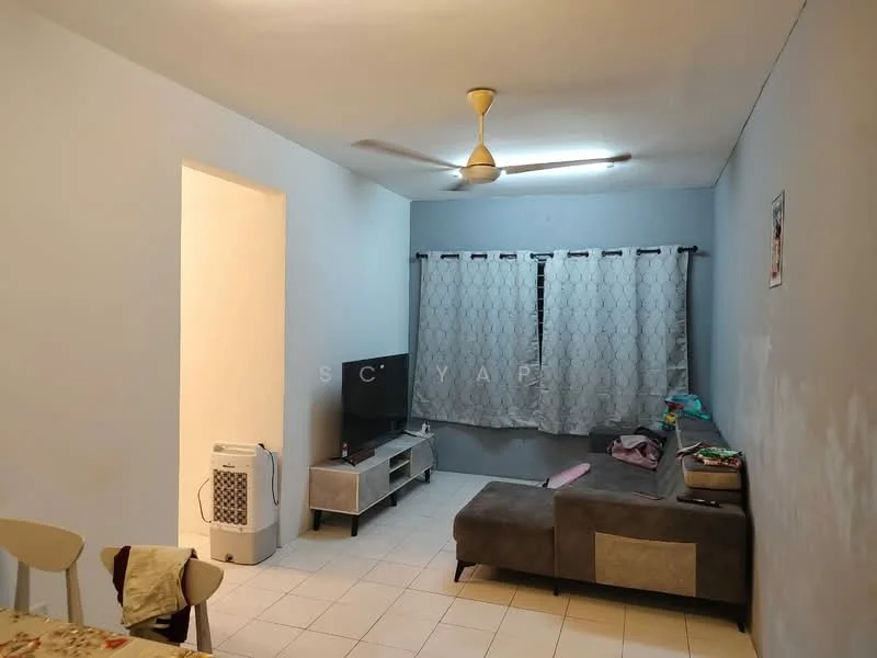 Living features: grey painted walls, white ceiling, 5-blade ceiling fan, floor-to-ceiling windows with curtains, L-shape sectional sofa in brown, coffee table, TV console, wall-mounted TV, tile flooring, decorative wall art; style: modern.