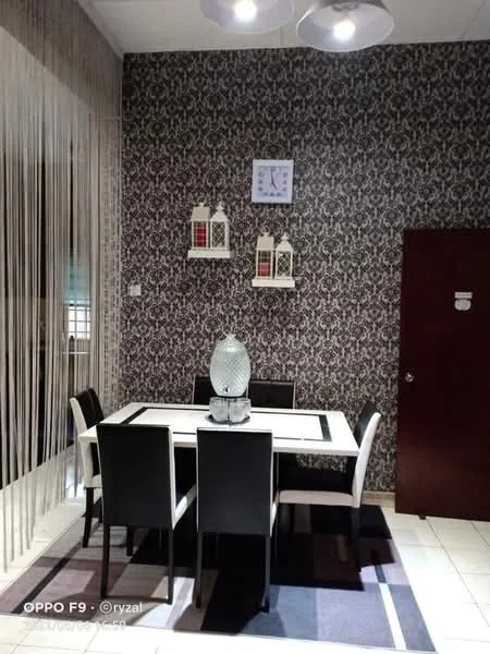 Dining features: white dining table, 4 black dining chairs, decorative table lamp, wall-mounted clock, wall with floral wallpaper, dark wood door, area rug with geometric pattern, hanging light fixtures; style: modern.